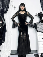 Velvet Lace Choker Bell Sleeve Mermaid Maxi Gown with High Slit