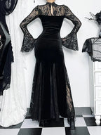 Velvet Lace Choker Bell Sleeve Mermaid Maxi Gown with High Slit
