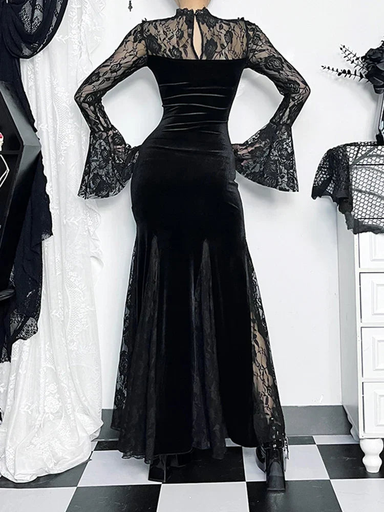 Velvet Lace Choker Bell Sleeve Mermaid Maxi Gown with High Slit