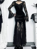 Velvet Lace Choker Bell Sleeve Mermaid Maxi Gown with High Slit