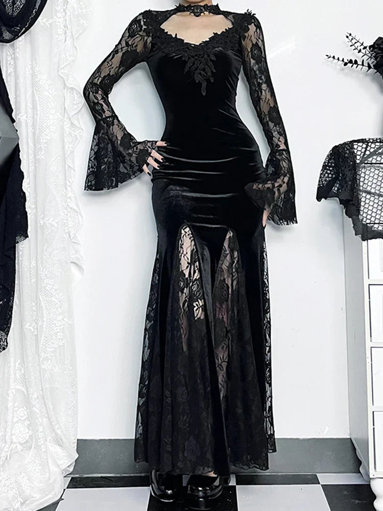 Velvet Lace Choker Bell Sleeve Mermaid Maxi Gown with High Slit