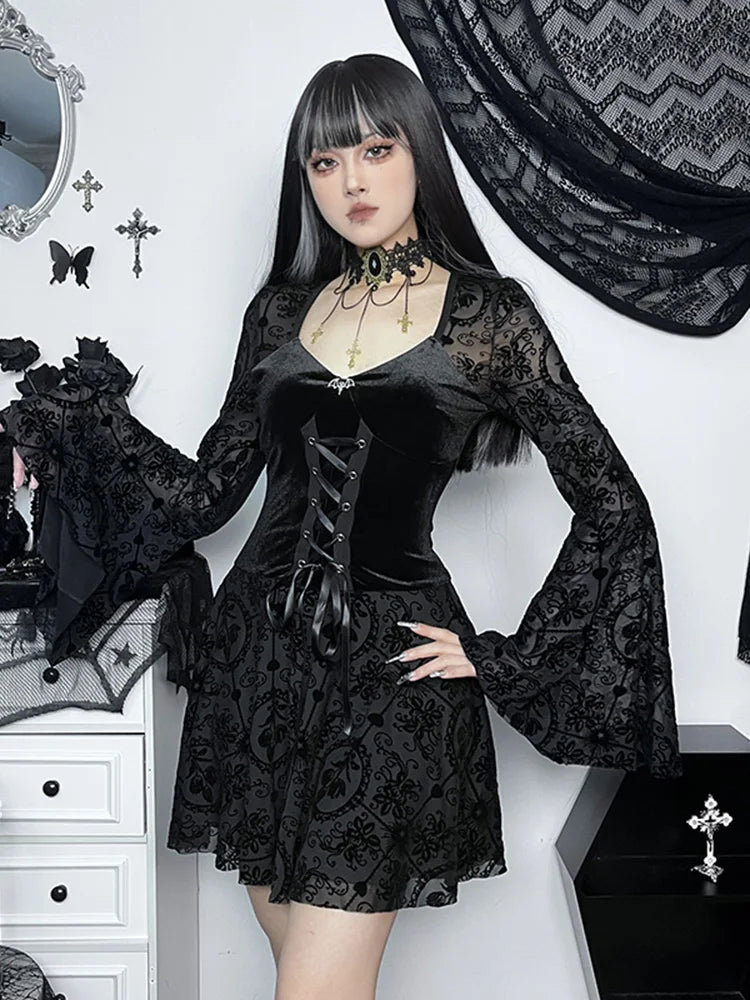 Lace Up Corset Sweetheart Bell Sleeve Damask Overlay Mini Dress