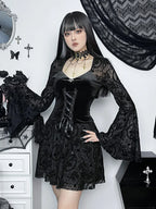 Lace Up Corset Sweetheart Bell Sleeve Damask Overlay Mini Dress