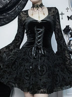 Lace Up Corset Sweetheart Bell Sleeve Damask Overlay Mini Dress