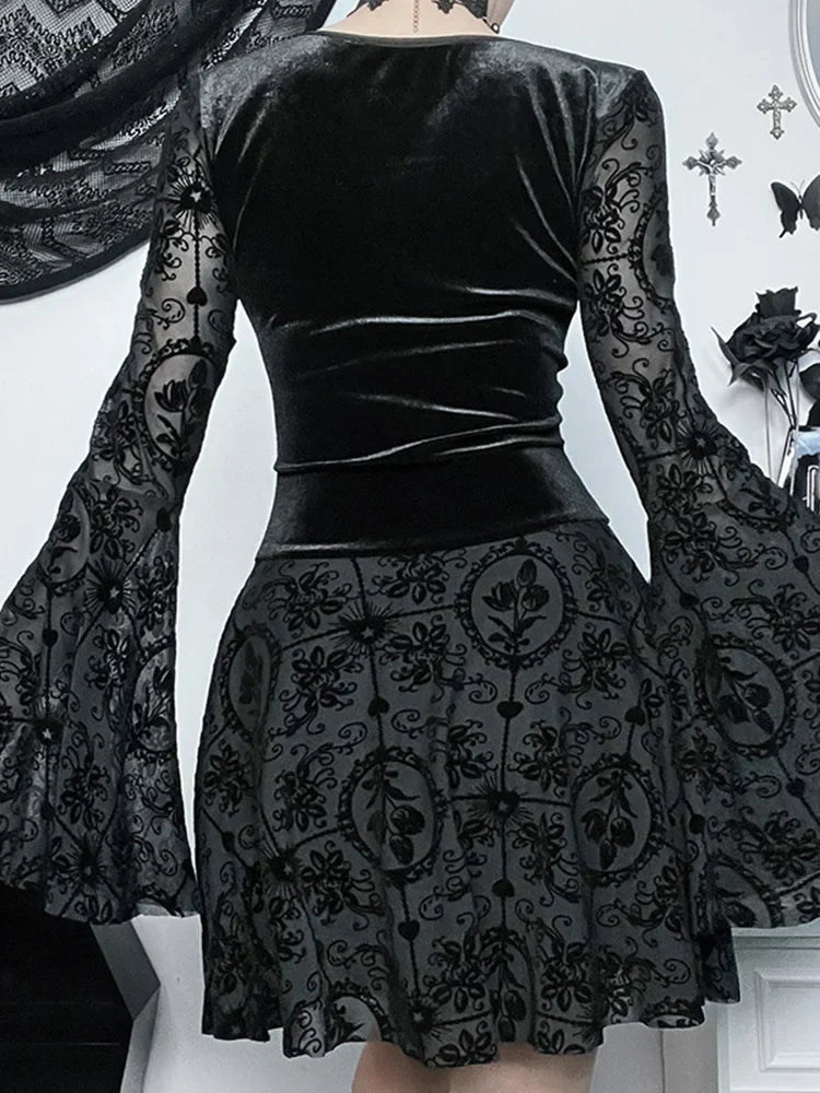 Lace Up Corset Sweetheart Bell Sleeve Damask Overlay Mini Dress