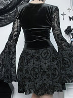 Lace Up Corset Sweetheart Bell Sleeve Damask Overlay Mini Dress