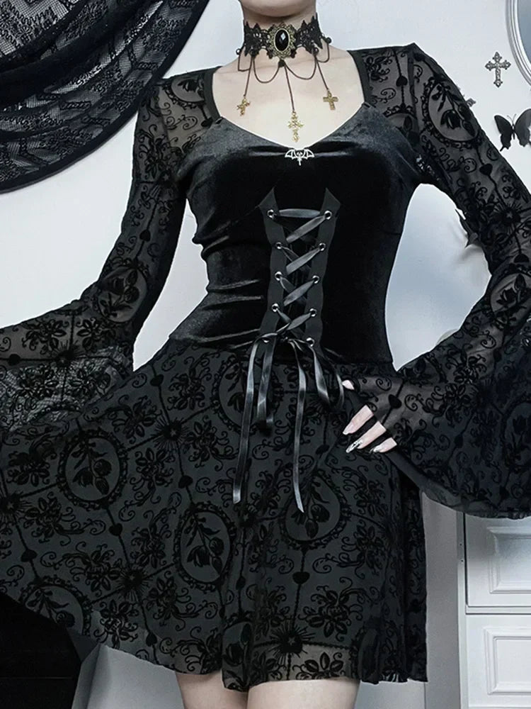 Lace Up Corset Sweetheart Bell Sleeve Damask Overlay Mini Dress