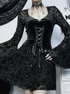 Lace Up Corset Sweetheart Bell Sleeve Damask Overlay Mini Dress