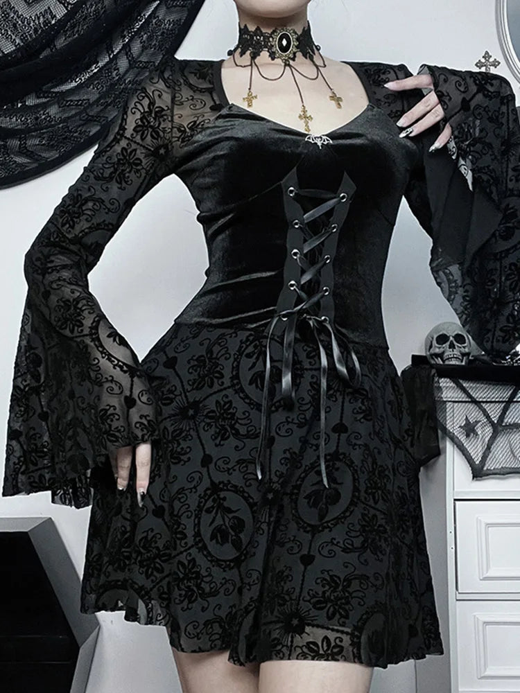 Lace Up Corset Sweetheart Bell Sleeve Damask Overlay Mini Dress