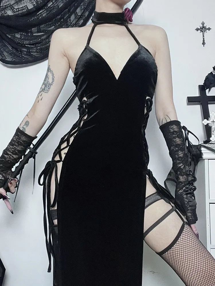 Velvet Halter Lace Up Side Panel High Slit Maxi Dress