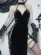 Velvet Halter Lace Up Side Panel High Slit Maxi Dress