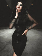 Mesh Long Sleeve Mock Neck Cross Panel Asymmetric Hem Bodycon Mini Dress