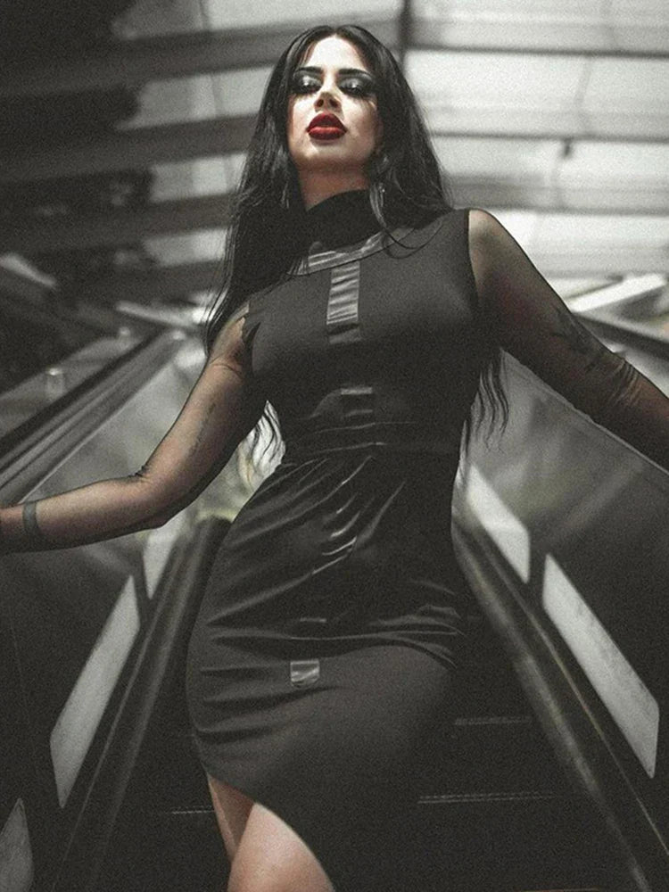 Mesh Long Sleeve Mock Neck Cross Panel Asymmetric Hem Bodycon Mini Dress