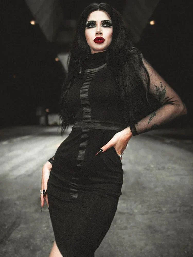 Mesh Long Sleeve Mock Neck Cross Panel Asymmetric Hem Bodycon Mini Dress