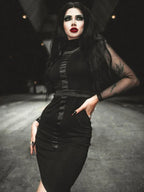 Mesh Long Sleeve Mock Neck Cross Panel Asymmetric Hem Bodycon Mini Dress
