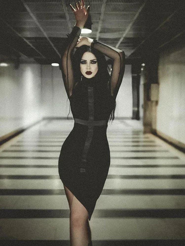 Mesh Long Sleeve Mock Neck Cross Panel Asymmetric Hem Bodycon Mini Dress