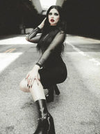 Mesh Long Sleeve Mock Neck Cross Panel Asymmetric Hem Bodycon Mini Dress