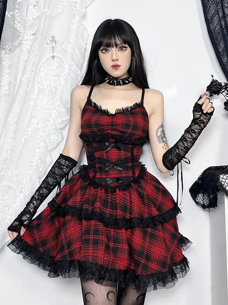 Plaid Bow Front Lace Trim Tiered Spaghetti Strap Mini Dress