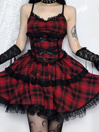 Plaid Bow Front Lace Trim Tiered Spaghetti Strap Mini Dress