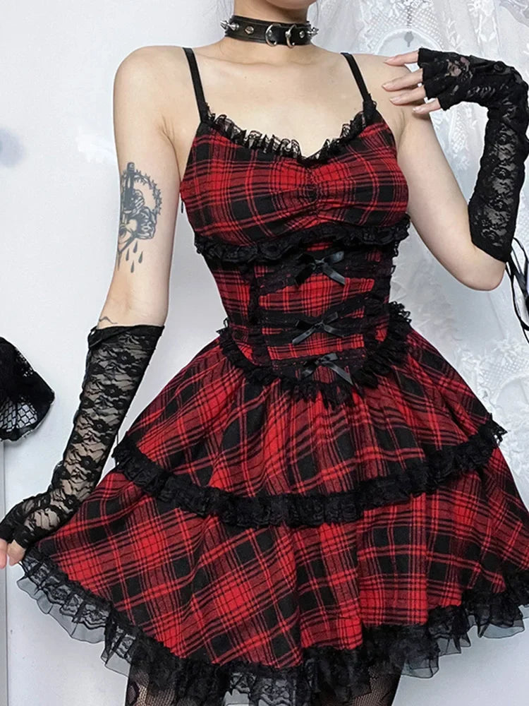 Plaid Bow Front Lace Trim Tiered Spaghetti Strap Mini Dress