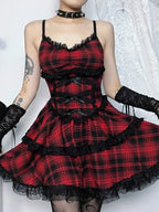 Plaid Bow Front Lace Trim Tiered Spaghetti Strap Mini Dress