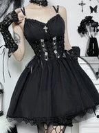 Embroidery Lace Up Corset Lace Trim Spaghetti Strap Mini Dress