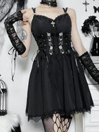 Embroidery Lace Up Corset Lace Trim Spaghetti Strap Mini Dress