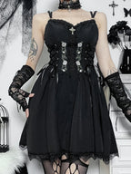 Embroidery Lace Up Corset Lace Trim Spaghetti Strap Mini Dress