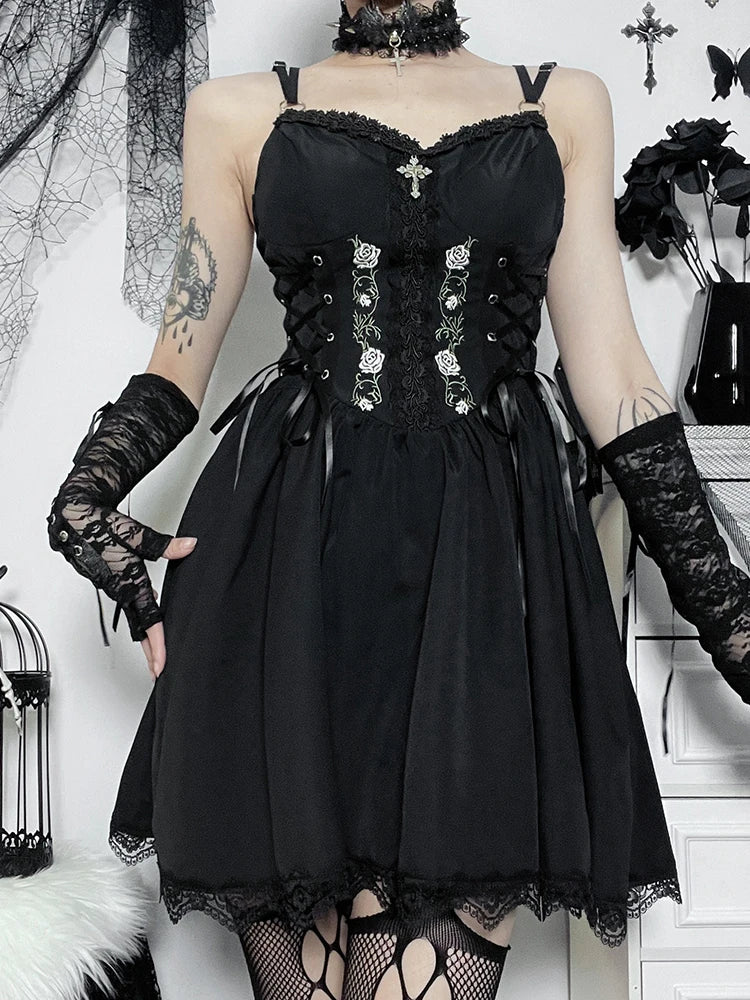Embroidery Lace Up Corset Lace Trim Spaghetti Strap Mini Dress