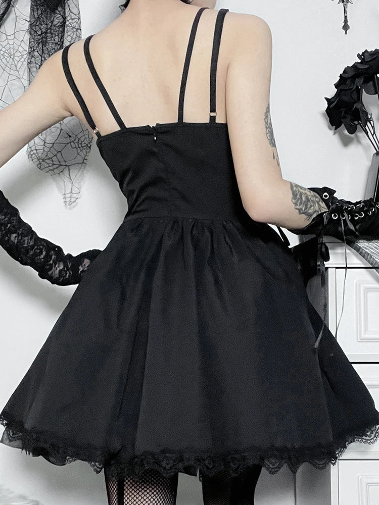 Embroidery Lace Up Corset Lace Trim Spaghetti Strap Mini Dress