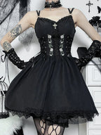Embroidery Lace Up Corset Lace Trim Spaghetti Strap Mini Dress