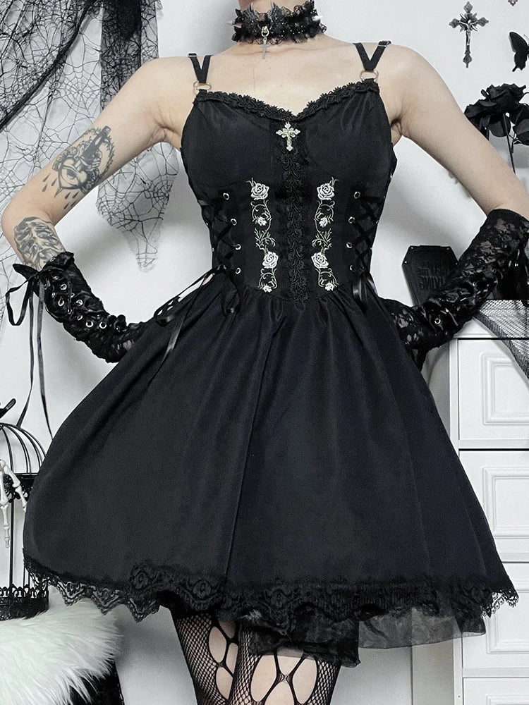 Embroidery Lace Up Corset Lace Trim Spaghetti Strap Mini Dress