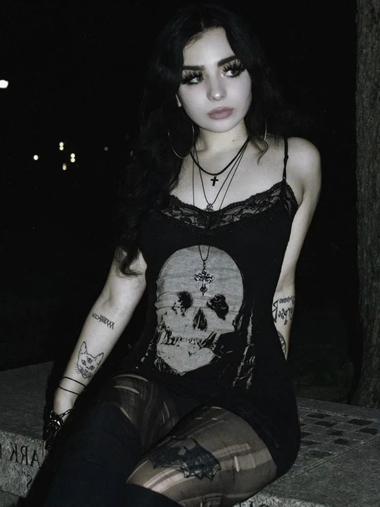 Skull Graphic Lace Trim Spaghetti Strap Cami Mini Dress