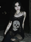 Skull Graphic Lace Trim Spaghetti Strap Cami Mini Dress