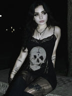 Skull Graphic Lace Trim Spaghetti Strap Cami Mini Dress