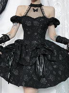 Halter Neck Mesh Butterfly Applique Off Shoulder Puff Sleeve Lolita Mini Dress