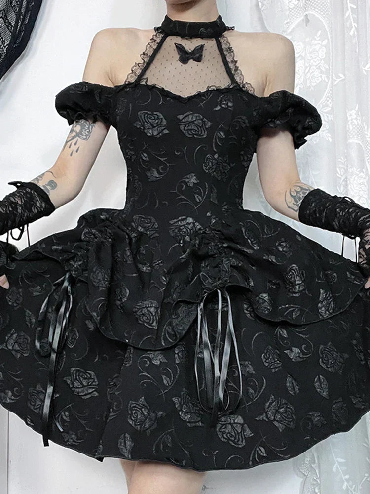 Halter Neck Mesh Butterfly Applique Off Shoulder Puff Sleeve Lolita Mini Dress