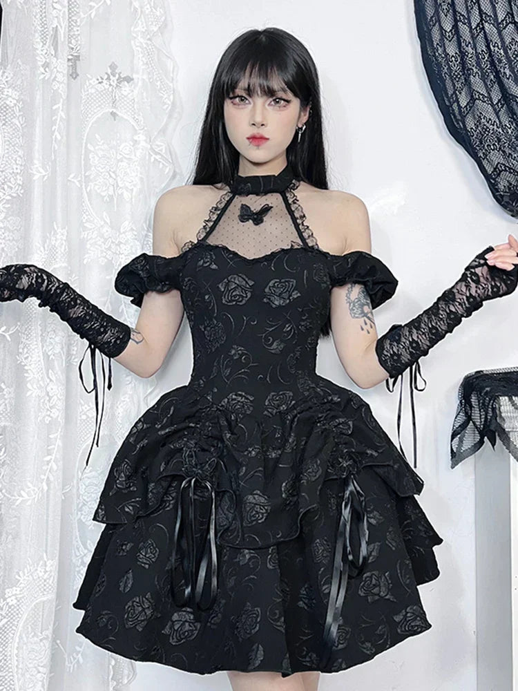 Halter Neck Mesh Butterfly Applique Off Shoulder Puff Sleeve Lolita Mini Dress