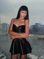 Faux Leather Sweetheart Spaghetti Strap Bustier Fit and Flare Mini Dress