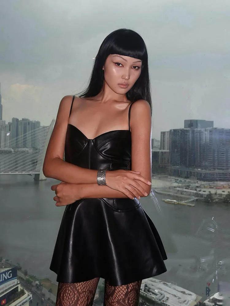 Faux Leather Sweetheart Spaghetti Strap Bustier Fit and Flare Mini Dress
