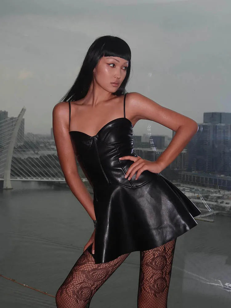 Faux Leather Sweetheart Spaghetti Strap Bustier Fit and Flare Mini Dress