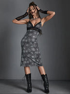 Spider Web Print Lace Trim Plunge V-Neck Bodycon Midi Dress