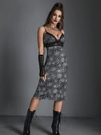 Spider Web Print Lace Trim Plunge V-Neck Bodycon Midi Dress
