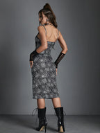 Spider Web Print Lace Trim Plunge V-Neck Bodycon Midi Dress