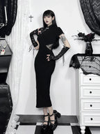 Mandarin Collar Lace Panel Cap Sleeve Side Slit Cheongsam Maxi Dress