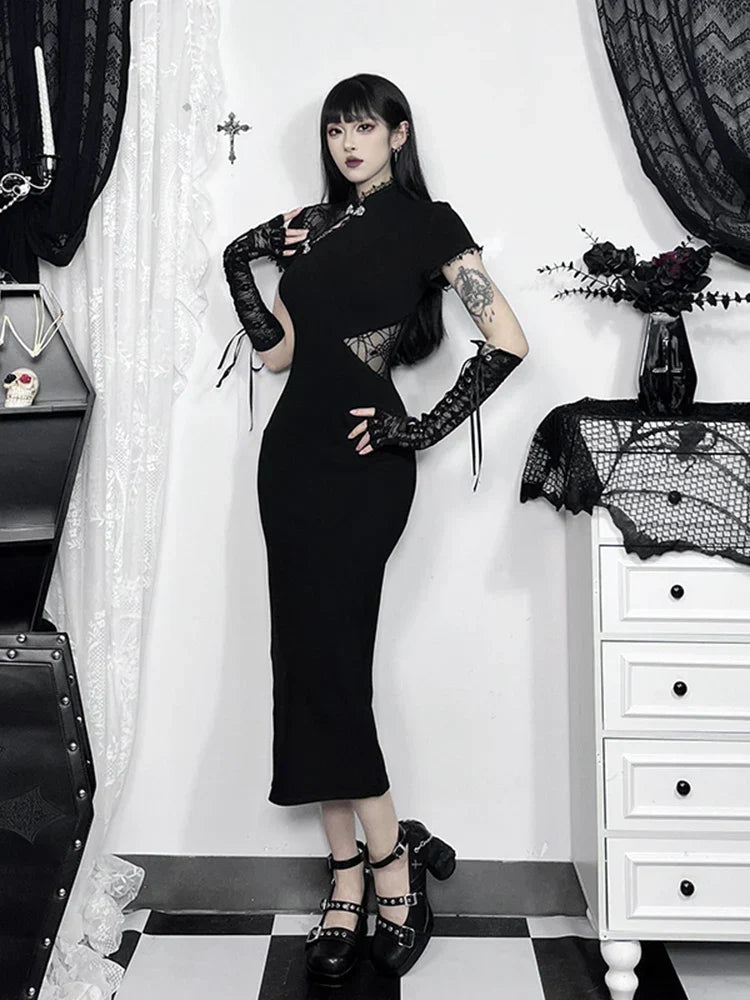 Mandarin Collar Lace Panel Cap Sleeve Side Slit Cheongsam Maxi Dress
