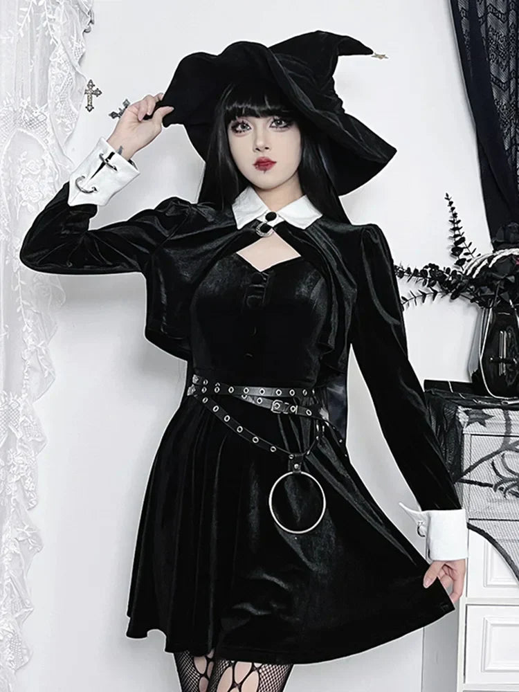 Velvet Sweetheart Button Front Cape Collar Mini Dress