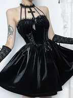 Velvet Corset Lace Cross Halter Cage Strap Lace Up Mini Dress