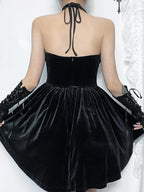 Velvet Corset Lace Cross Halter Cage Strap Lace Up Mini Dress