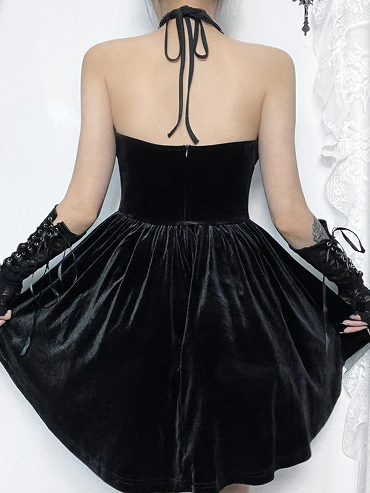 Velvet Corset Lace Cross Halter Cage Strap Lace Up Mini Dress